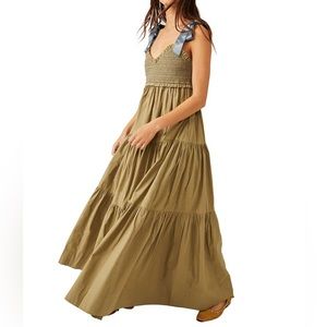 Free People Bluebell Solid V-Neck Sleeveless Tie Shoulder Maxi Dress